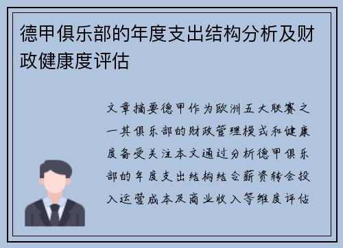 德甲俱乐部的年度支出结构分析及财政健康度评估
